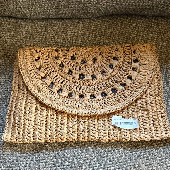 Funky Monkey Elegant Woven Clutch in Tan and navy - Picture 1 of 7